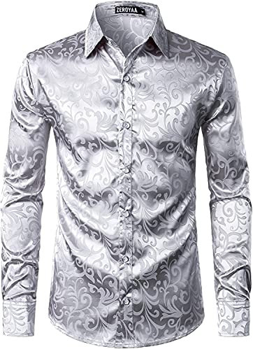 PARKLEES Men's Luxury Jacquard Long Sleeve Dress Shirt Slim Fit Satin Slik Like Floral Printend Shirts for Wedding Party Prom Silver L