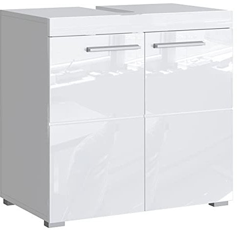 Newroom Waschbeckenunterschrank Weiß Hochglanz mit viel Stauraum - 60x56x34 cm (BxHxT) - Badezimmer Unterschrank Badezimmerschrank Badezimmermöbel Badunterschrank - [Trinity.Seven]
