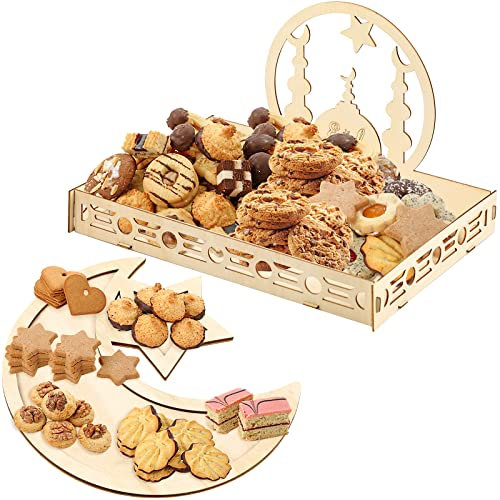 Nuenen 2 Pieces Ramadan Wooden Tray Eid Mubarak Party Serving Tableware Eid Ramadan Wooden Tray for Breakfast Dinner Dessert Pastry Display Holder Decoration Ornament (Classic Style)