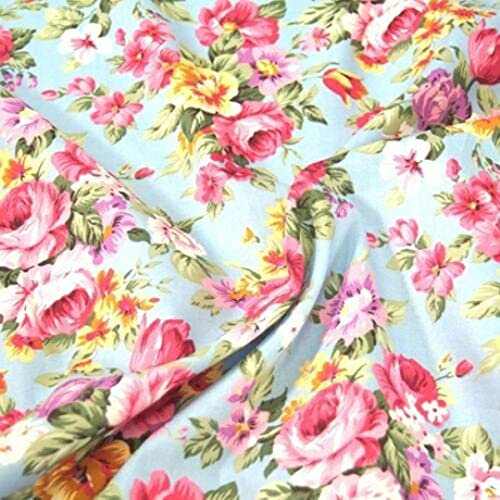 100% Cotton Poplin Fabric Rose & Hubble Peony Floral Garden Flowers - Sky (Price Per Metre)