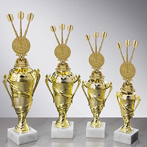 Henecka 🎯 Dartsport Pokal wählbar in 4 Größen, Dartpfeile-Trophäe, Dart Pokal Gold auf schwerem Marmorsockel, mit Wunschgravur (Figurencup Darts 349mm Marmor 65x30mm weiß)