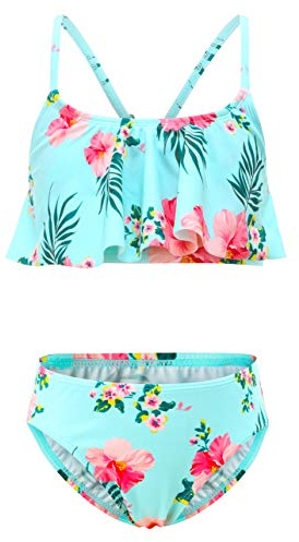 Aisyee Maillot de Bain Fille Maillot Deux Pieces Fille Maillot de Bain hawaïen Fleuri Fille Maillot de Bain de Plage Bikini Fille 11 12 Ans