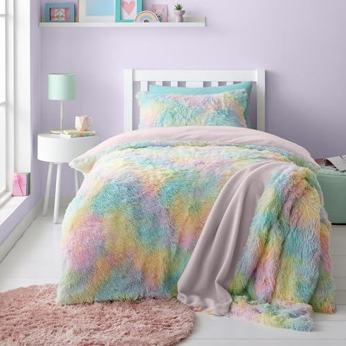 Catherine Lansfield Rainbow Cuddly Deep Pile Faux Fur Double Duvet Cover Set with Pillowcases Pastel