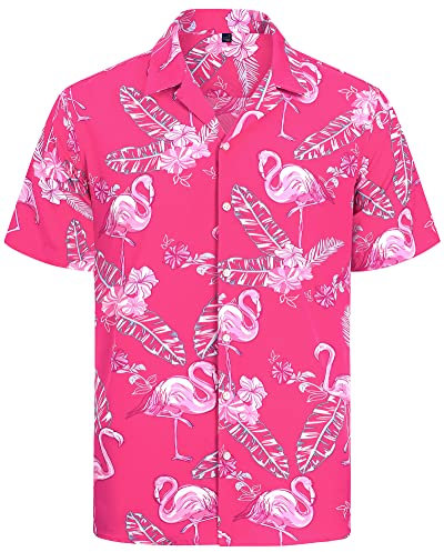 J.VER Chemise hawaïenne pour homme - Chemise d'été funky hawaïenne à manches courtes - Imprimé - Chemise de plage légère - Chemises de loisirs - Chemise boutonnée, Flamant rose, L