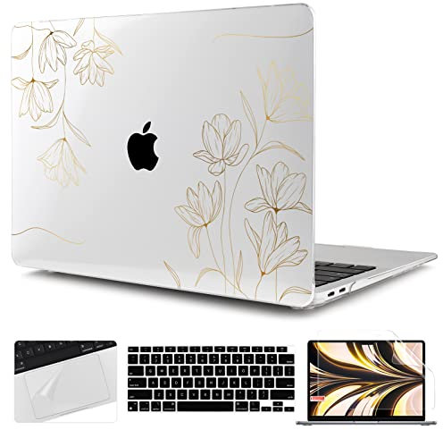TWOLSKOO for 2021 2020 2019 2018 MacBook Air 13 inch Case A2337 M1 A2179 A1932, Hard Shell Case with Keyboard Skin & Screen Protector for MacBook Air 13.3 inch with Retina & Touch ID, Gold Florals