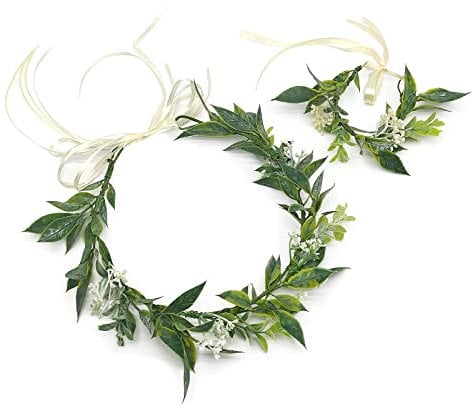 MIVAIUN 1Stk Grüne Krone Blattkronen Tiara und 1Stk Blatt Blumen Armband Waldelfen Kopfschmuck Blattblumen Stirnband Braut Tiara Waldfee Kostüm Damen Haarschmuck Grün Blumenkrone für Hochzeit Party