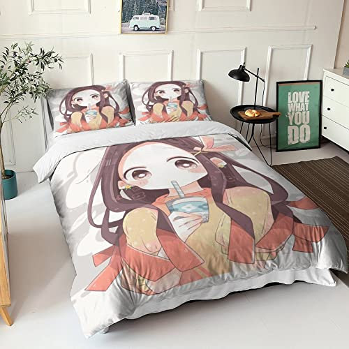 UNDERZY Demon Slayer Bettbezug 3D Nezuko Kamado Bettbezüge Bettwäsche Set 3 Teilig Mikrofaser Bettbezug Mit Reißverschluss Und Kissenbezug Für Kinder Mädchen Jungen Dettdeckenbezug King（220x240cm）