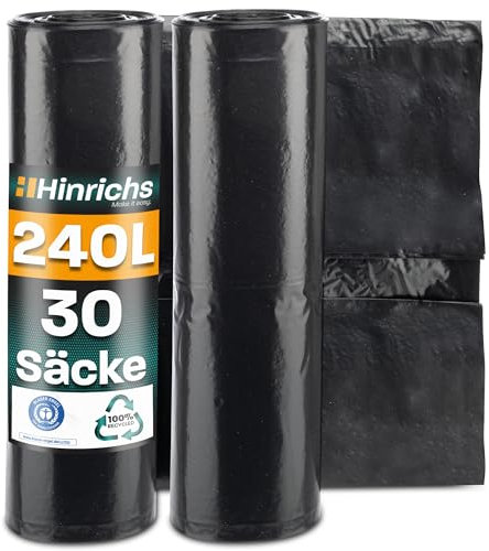Hinrichs Müllsäcke 240L extra Stark - 2x 15er Rolle - 100x125 cm - Extrem reißfeste Müllbeutel - Mülltüten aus Recycling LDPE - Schwarze Säcke - Abfallsäcke für Garten, Haushalt & Baustelle