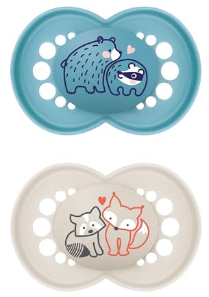 MAM Schnuller, ab 16 Monaten, mit symmetrischem Sauger, flach und flexibel, aus weichem Silikon, leicht anzunehmen, mit selbststerilisierender Box, MAM Original, Mattblau, 2er-Pack, Tag