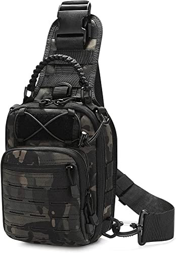 Taktisch Brusttasche Militärisch Schultertasche Military Chest Pack Slingrucksack Molle Crossbody Bag Umhängetasche Mini Verstellbar Schultergurt für Reise Wandern Outdoor(Black-Camo)