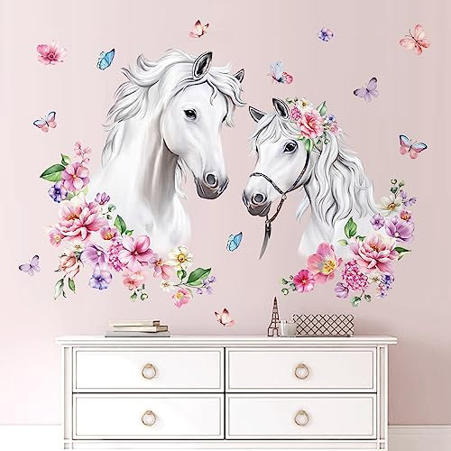 decalmile Wandtattoo Pferdekopf mit Blumen Wandaufkleber Pferde Mädchen Groß Blüten Rosa Wandsticker Schlafzimmer Wohnzimmer Kinderzimmer Wanddeko