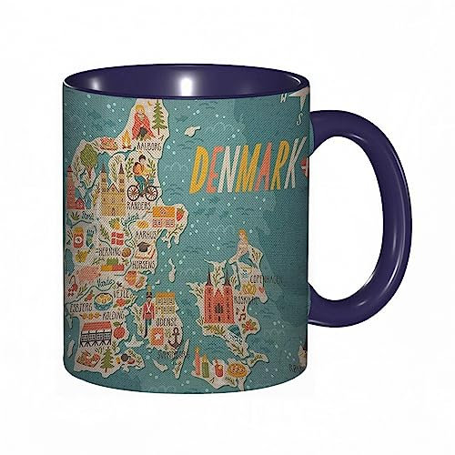 Mug porcelaine fineDanemark Carte Repères Voyage Ville Dessin Animé Maison Gens Forêt Nature Voyage Bleu |Mug humour pour collègue, amis, copains, frères et soeurs |Mug original avec