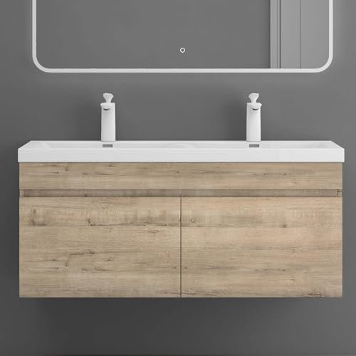 Sogood Meuble de Salle de Bain Chêne Clair Ensemble de 2 Pièces Meuble avec Lavabo 120cm Design Botanica avec 2 Grands Tiroirs