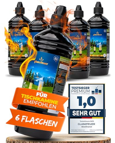 Glanzfeuer Bioethanol für Tischkamin - 6x1 Liter - Für Tischkamin Indoor & Outdoor - Premium Bio Ethanol Made in EU - 100% Rauch- und Rußfreies Ethanol für Tischfeuer - Kamin Feuerstelle