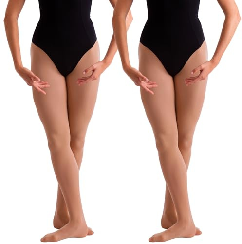 2 paia di collant da danza con piedi per balletto, per ragazze e adulti, 60 denari, confezione multipla in rosa, bianco, nero, marrone chiaro e marrone chiaro, Marrone chiaro, S