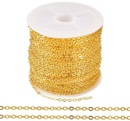 FASHEWELRY 10m/roll Flat Cable Chains Brass Coated Iron Soldered Chains Oval Cross Links for DIY Crafts Jewelry Bracelet Necklace Making Golden