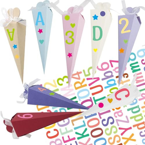 ZOYDP 32 Stück Schultüte Klein, Schulanfang Geschwister Schultüte 20cm, Mini Dchultüte mit Aufklebern Band, Faltbare Schultüte Bastelset, Zuckertüte Klein für Junge und Mädchen DIY Einschulung