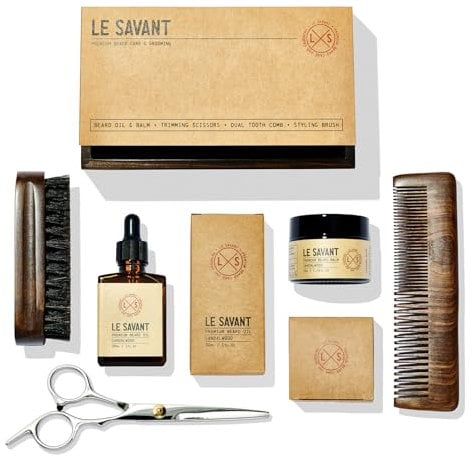 Le Savant Beard Grooming Kit - Premium Beard Oil, Beard Balm, Sandalwood Comb, Styling Brush & Stainless Steel Scissors - Sandalwood Scent - Wooden Gift Box.