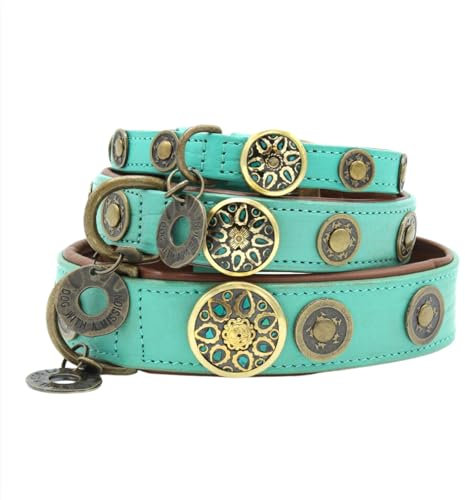 Dog with a Mission - Hundehalsband L | Türkis, Braun, Gold | Boho, Ethno, Urban, Hippie, Ibiza | Große Hunde | Handgemacht | Modisch und Bunt | Aus weichem Echtes Leder | 4 cm Breit