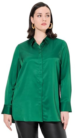 Ulla Popken Damen große Größen Übergrößen Plus Size Satin-Hemdbluse, hinten länger, Hemdkragen, Langarm 822542