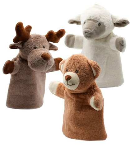 Cute Since 1999 Handpuppen-Bündel 3 Stück für Kinder ab 0 Monate - Biologische Handpuppe für Junge & Mädchen - Bär, Lamm und Rentier für Puppentheater Kinder - 26 x 20 cm