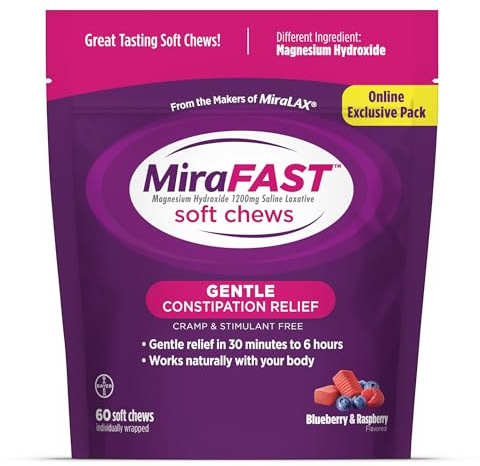 MiraFAST Soft Chews, from the Makers of MiraLAX, Gentle Constipation Relief, Fast Acting, Stimulant Free Saline Laxative, Magnesium Hydroxide, Blueberry & Raspberry Flavor, 60ct