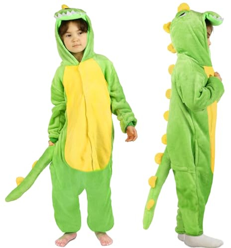 Dino Onesie Kinder Dinosaurier Kostüm Pyjamas Schlafanzug Jumpsuit mit Kapuze- Tier Schlafoverall Kleidung Outfit Drachen Flanell Sleepwear Overall für Mädchen Jungen Halloween Karneval Cosplay Party