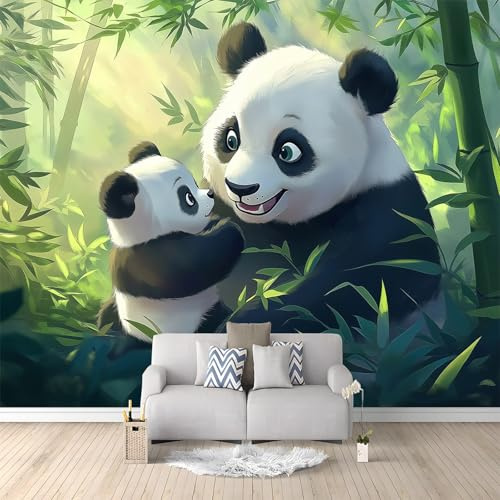 3D Fototapete Cartoon Panda Grün Weiß 300 x 210 cm | Vliestapete für Kinderzimmer & TV-Hintergrund | Moderne Wanddekoration für Wohnzimmer | Hochwertiges Wandbild zur spielerischen Raumgestaltung