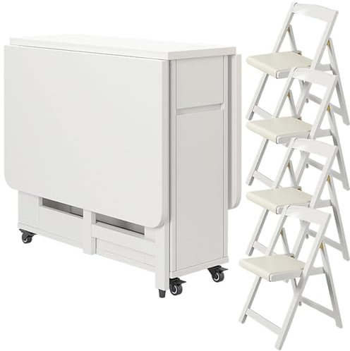 JAVYPPT Klappbarer Esstisch, Esstisch mit 4–6 Stühlen, platzsparender Esstisch mit Rollen, vielseitig einsetzbare zusammenklappbare Drop-Leaf-Erweiterung, Küchentisch for kleine Räume(4 Chairs)