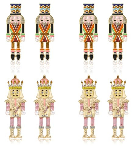4 Pairs Of Christmas Nutcracker Earrings Set for Women, Xmas Nutcracker Soldier Holiday Dangle Earrings Christmas Jewelry for Women Gifts, L, Brass, No Gemstone