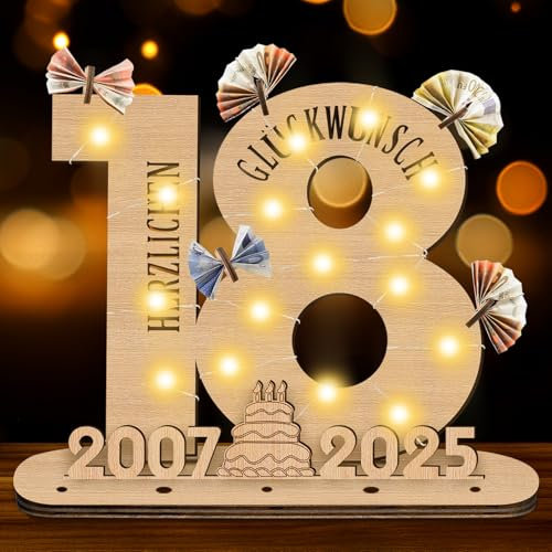 GothicBride 2025 18 Geburtstag Geldgeschenk Mädchen Junge, 18. Geburtstag Mädchen Holz-Schild mit LED, 18 Geburtstag Mädchen Gästebuch Geldgeschenke Geburtstag Deko, Personalisierbares Geschenk