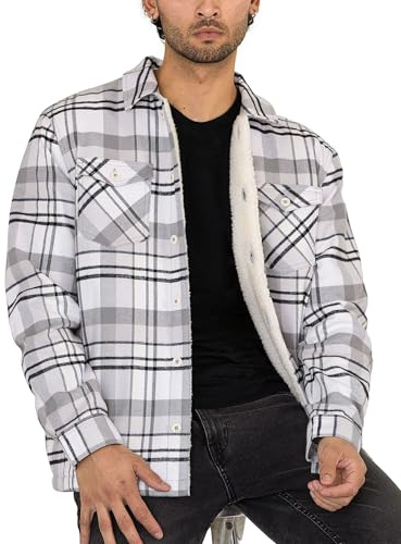 Enorsia Mens Borg Lined Plaid Check Shacket Jacket Cosy Regular Fit with Horn Button Closure Chest and Side Pockets for Cold Weather Shacket Mens perfect for Outing