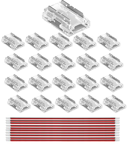 Clearhill 8mm 2Pin 20Packs 8-in-1 Presse-in-Montage COB LED-Streifen-Steckverbinder, lückenlose Lötlose Verbindung, Ultra Slim, Streifen zu Streifen zu Drahtstecker, für 5V 12V 24V LED-Streifen.