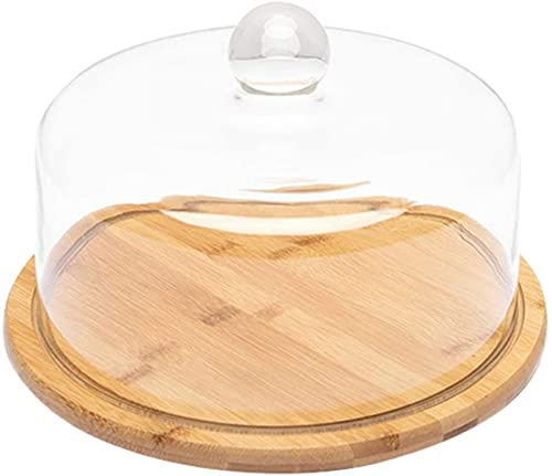 ZHZXBDGQ Bell Jar Cake Bell Glass Hood Cheese Bell with Bamboo Plate Cake Plate Hood Serving Plate with Glass Hood Wooden Cheese Plate Cheese Board-23.5X23.5X16.5CM