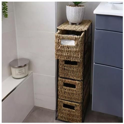 4 Drawer Slim Bathroom Storage Unit - Natural - Storage Boxes Shelves | Drawers Storage Unit Baskets | Tower Storage Unit | 4 Drawer Storage Cabinet Unit