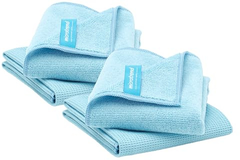 Microtrend 2 x Fensterttuch Set, 4 Mikrofasertücher für eine streifenfreie Fensterreinigung nur mit Wasser: Reinigungstuch (40x40 cm) und Trockentuch (60x45 cm Waffeltuch) (2 Set, Blau)