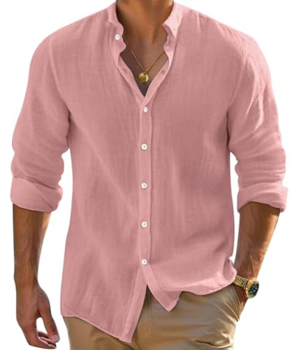 Onsoyours Chemise Lin Homme Manches Longues Chemise Décontractée Coton Business Chemises Hommes Couleur Unie Casual Bouton Shirts Regular Fit