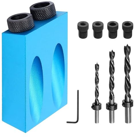 15° Taschenloch Schraubschablone, Vollaluminium Schrägloch Bohrschablone, mit 6/8/10 mm Bohrer + Hülse + Begrenzungsring, Zubehör für Die Holzbearbeitung, für Heimwerkerprojekte (Blau)
