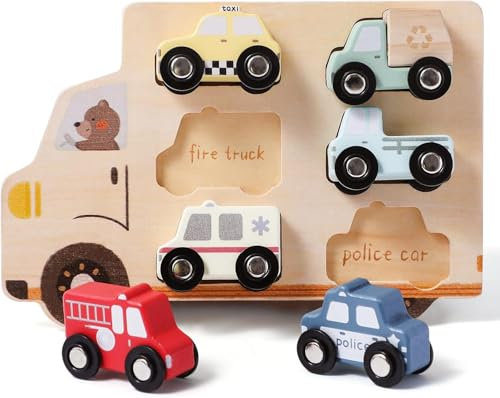 Holz Autos Fahrzeuge Set für Kinder - 6 Stück Holzautos Set mit Feuerwehrauto, Ambulan, Taxi zund mehr - Holzspielzeug für Jungen Mädchen, Montessori Spielzeug für Babys ab 1 Jahren