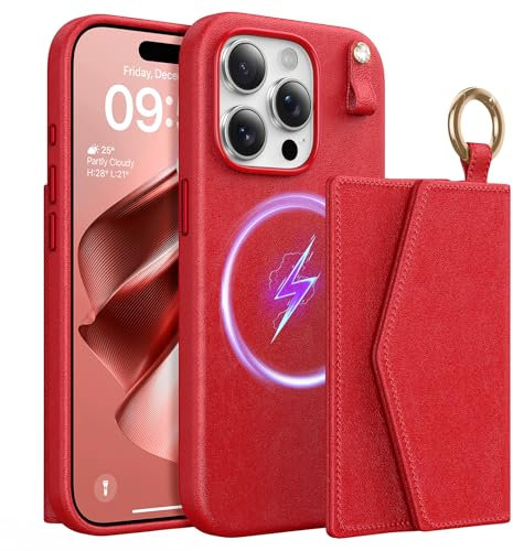 TAURI for iPhone 15 Pro Case, Removable Magnetic Wallet Case with Card Holder, [Compatible with MagSafe] Durable PU Leather Phone Case with Wireless Charging, Red