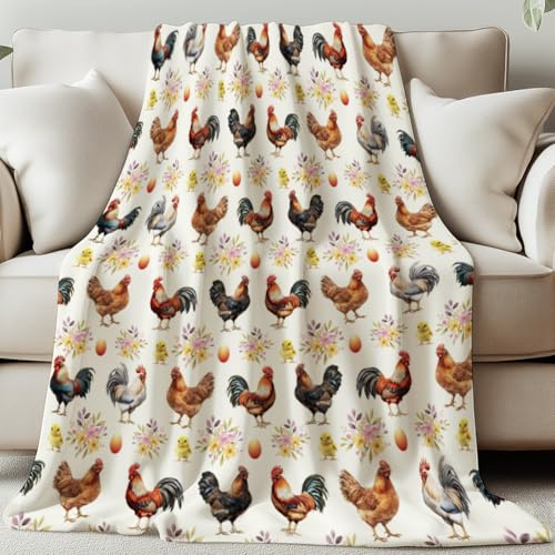GLOBLELAND Rooster Throw 59×51 inch Hen Chicks Eggs Soft Cozy Flannel Blanket Flowers Washable Fuzzy Throw Blanket for Home Office Room Bed Sofa Chair Women Man Gift Wedding Christmas Anniversary