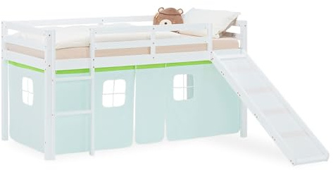 Homestyle4u Hochbett mit Rutsche 90x200 cm Weiß, Kinderbett aus Kiefer | Stabiles Massivholz - Spielbett mit grünem Vorhang - Seitengitter und abgerundete Kanten - Geeignet für Jungen und Mädchen
