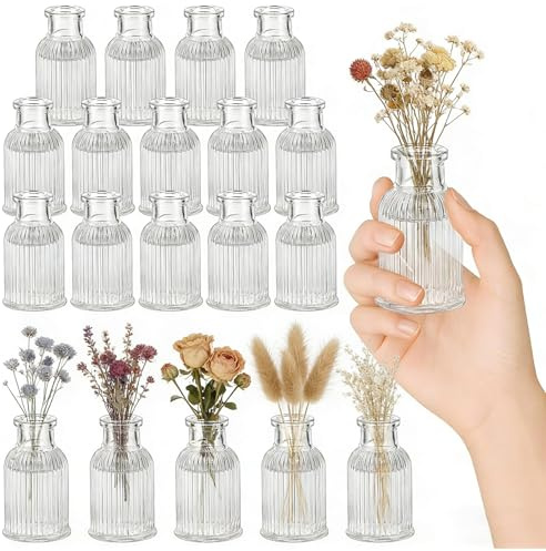 HIGA-JKL Lot de 20 mini vases en verre transparent - 50 ml - Petits vases pour décoration de table vintage - Décoration de table pour la maison, les mariages, les centres de table, le salon, les