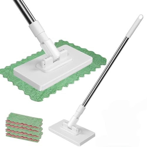 2026 Neu Wischmopp mit Druck-Klemm-System, Ohne Händewaschen, EIN Knopf zum Wechseln, Automatisches Klemmtuch, Bodenwischer mit 4 wiederverwendbaren Mikrofasertüchern (1 Pcs)