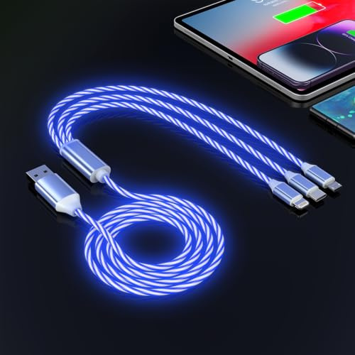 3-in-1 LED Light Up Flowing Lightning/Type C/Micro USB Car Glowing Multi Charge Cable for iPhone，RGB Car Charger Cord for Apple iPhone 15/14/13/12/11 Pro Max/XR/XS/SE,iPad/Android/Samsung-(4FTBlue