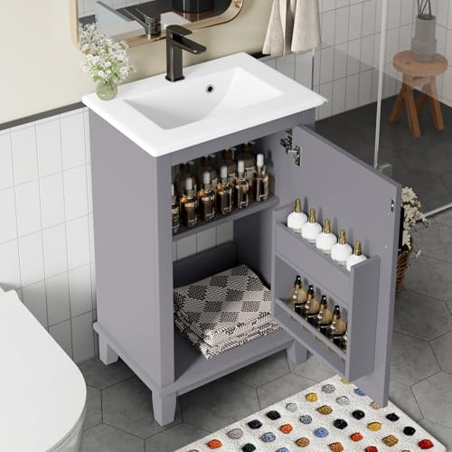 ZHOMGG Meuble de Salle de Bain au Sol avec Lavabo Céramique Intégré, Pieds en Bois Massif, Étagère réglable, Design Moderne, Convient aux Petits espaces 51x34x83cm (Grey)