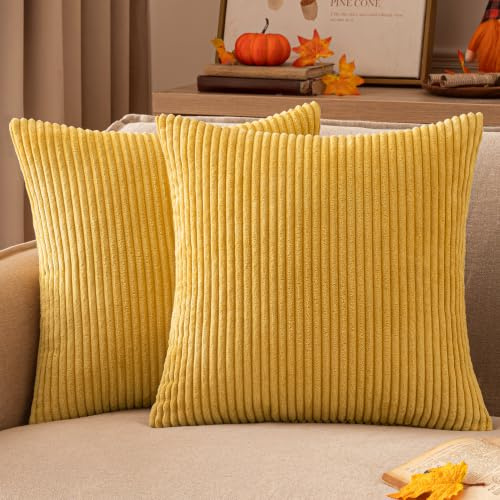 EMEMA Kissenbezug 60x60 Herbst Kordsamt Kissenbezüge Strohgelb Dekokissen | Sofakissen Cord Kissenhülle Zierkissenbezug Kord Dekorative Weiche für Sofa Wohnzimmer Schlafzimmer 2er Set