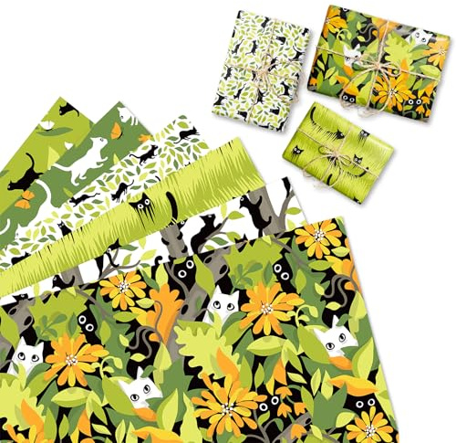 6 Stück Niedlich Geschenkpapier Weihnachten, Schwarze Katze Thema Geschenkpapier Geburtstag, Grün Wrapping Paper Set für Kinder, Katzenbesitzer, Geburtstag, Urlaub, Party, 50 x 70 cm