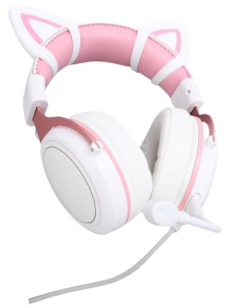 Cuifati Casque de Jeu Filaire, Casque de Jeu Lumineux RVB avec Micro, Réduction du Bruit, Pilotes de 50 Mm, écouteurs Supra-Auriculaires pour Les Jeux et Le Travail, (Décor Rose Blanc avec Oreilles