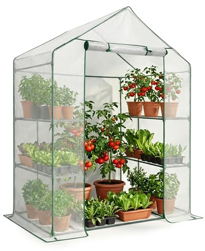 AKORD Mini Serre de Jardin Verticale avec Étagères et Housse PE Renforcée, Porte Enroulable, 143x73x195 cm, Blanc